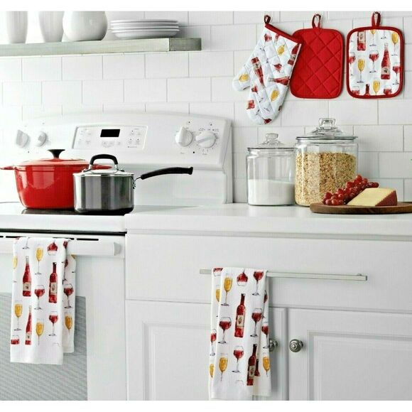Wine Stack Sedona Kitchen Towels Oven Mitt Potholder White Red Gold 5pc Gift NEW - Picture 3 of 7